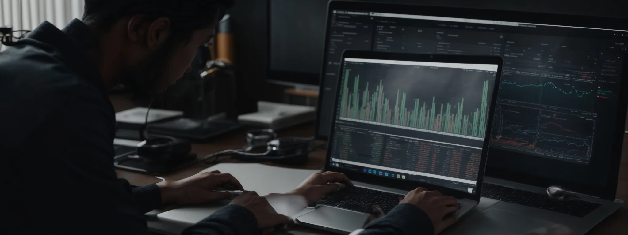 a person working on a laptop, displaying graphs and data analytics on the screen.