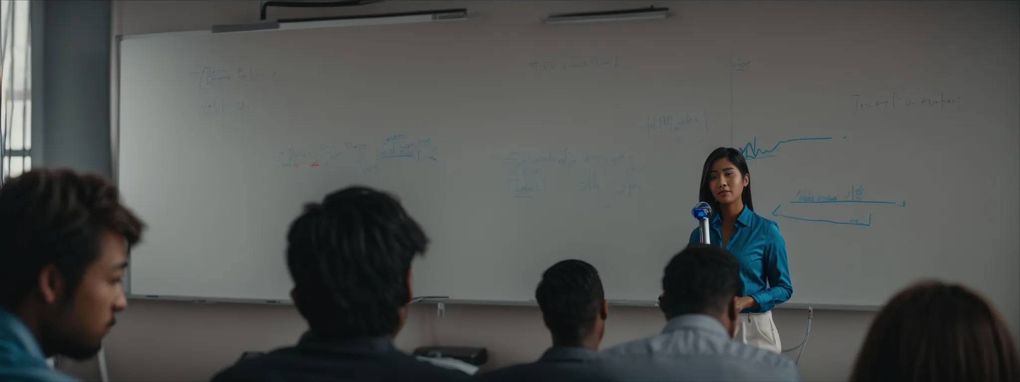 a person speaking into a microphone while recording a video for a youtube audience with a visible seo diagram on a whiteboard in the background.