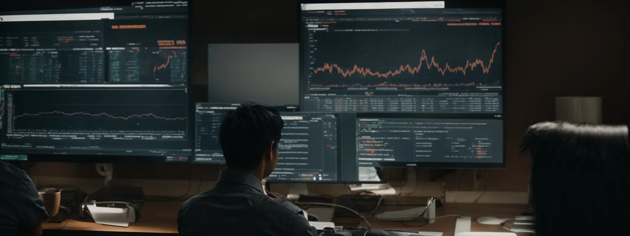 a marketer examining a data analytics dashboard on a computer screen reflecting website traffic and keyword trends.
