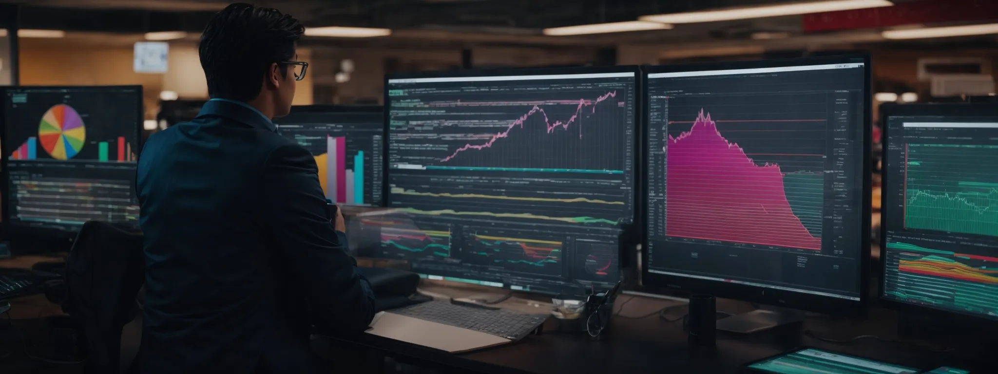 a marketer analyzing colorful pie charts and line graphs on a large computer monitor, reflecting specialized keyword optimization strategies.