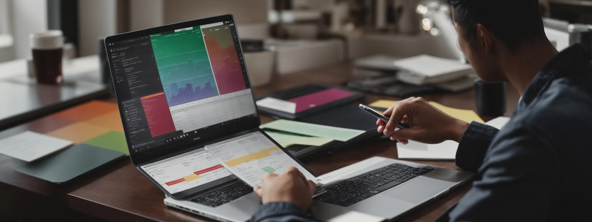 a person intently analyzing a colorful google sheets document on a laptop, with graphs and tables reflecting keyword research metrics.