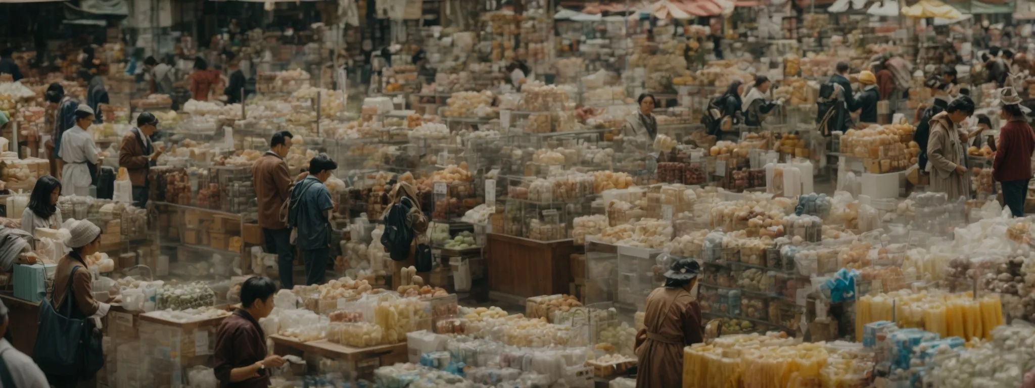 a bustling digital marketplace with vendors using large magnifying glasses to pinpoint and highlight unique items among rows of generic products.