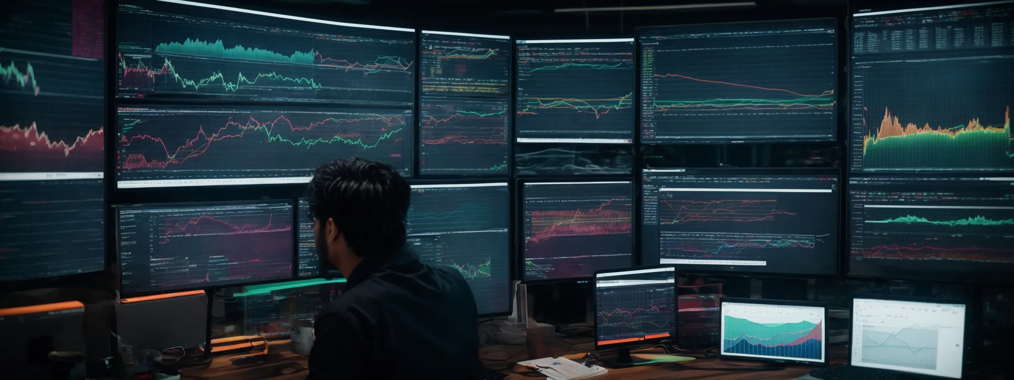 an individual analyzing colorful graphs and charts on a large monitor displaying website traffic and keyword rankings.