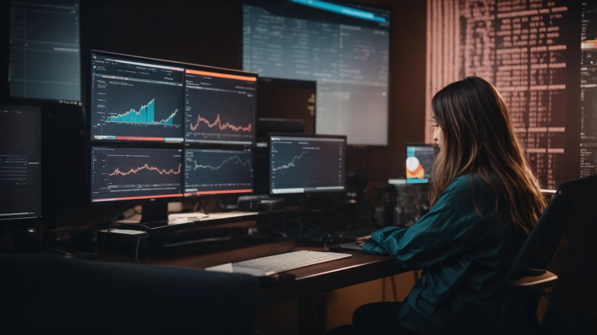 a focused individual sits in front of a computer, analyzing data charts and graphs on keyword trends displayed on the screen.