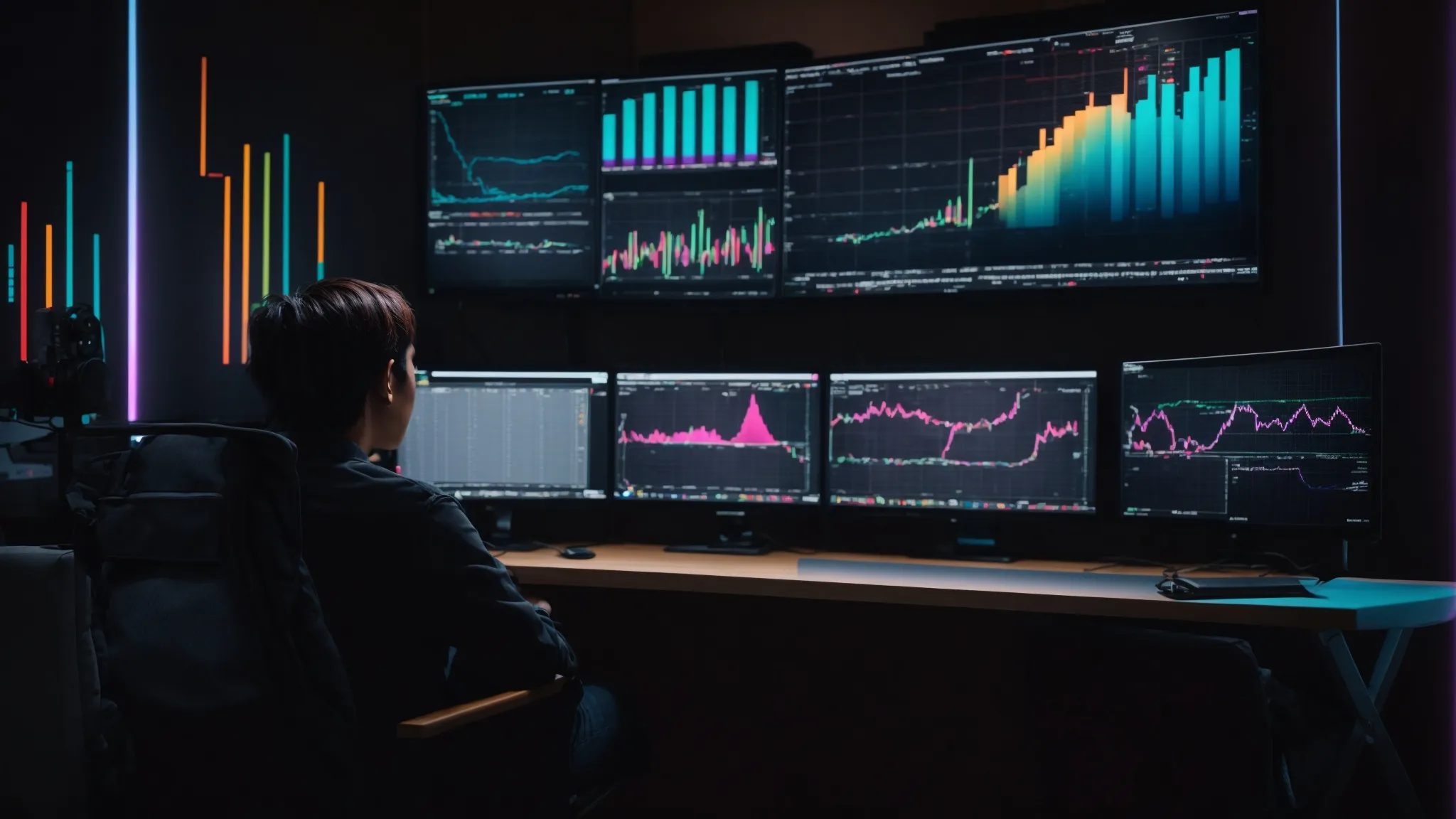 a person sits in front of a computer displaying colorful graphs and data charts related to video content trends.