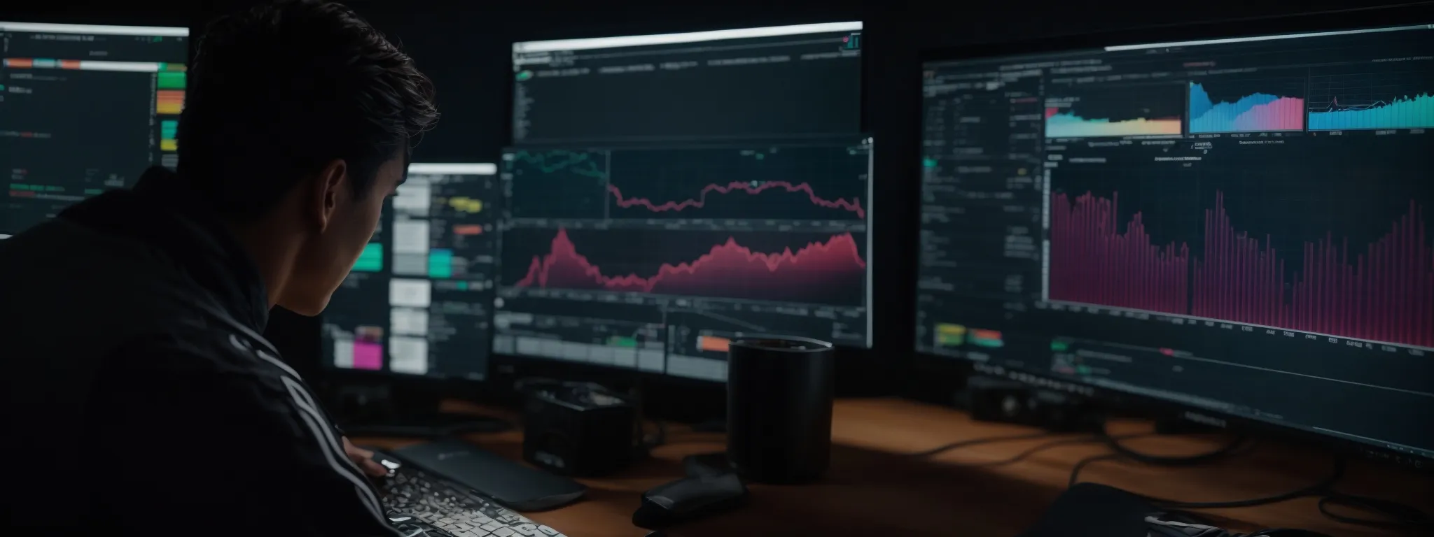 a creator sits before a computer screen displaying colorful analytics charts, deeply focused on optimizing a youtube video’s reach.