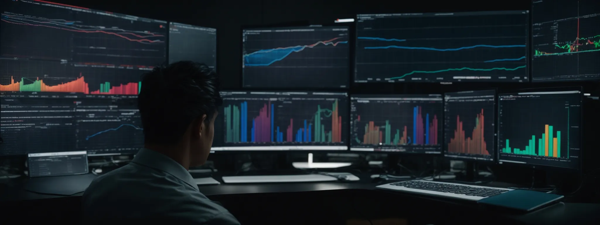 a person intently scrutinizes a computer screen displaying colorful graphs and data analysis charts.