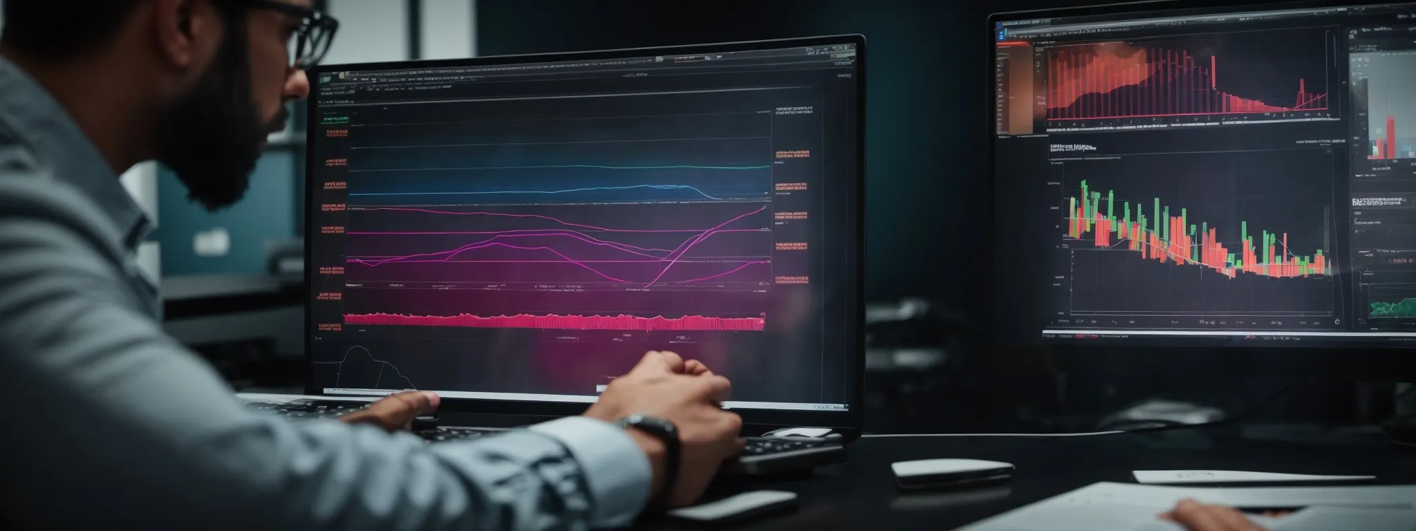 a person analyzing colorful graphs and charts on a computer screen displaying seo metrics.