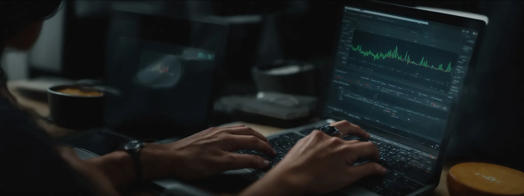 a person typing on a laptop with visible on-screen graphs depicting keyword analysis.