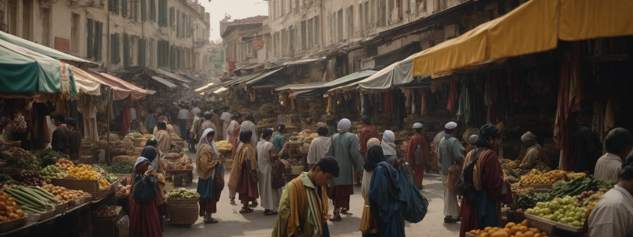 a bustling local marketplace bustling with shoppers.