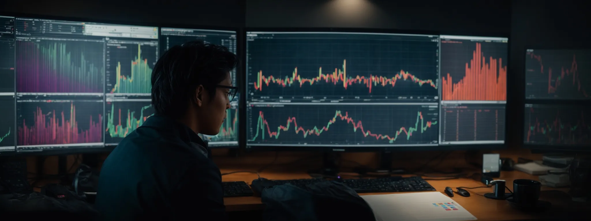 a person looking at colorful graphs and charts on a computer screen, reflecting online search traffic analysis.