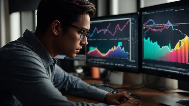 a person sitting at a computer, analyzing colorful graphs and data charts on the screen related to search engine optimization.