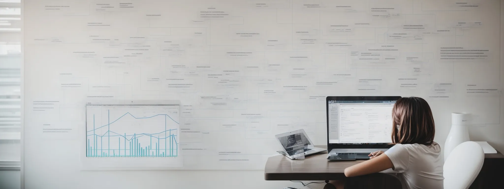 a person typing on a laptop, surrounded by flow charts and graphs indicating strategic planning for online marketing.