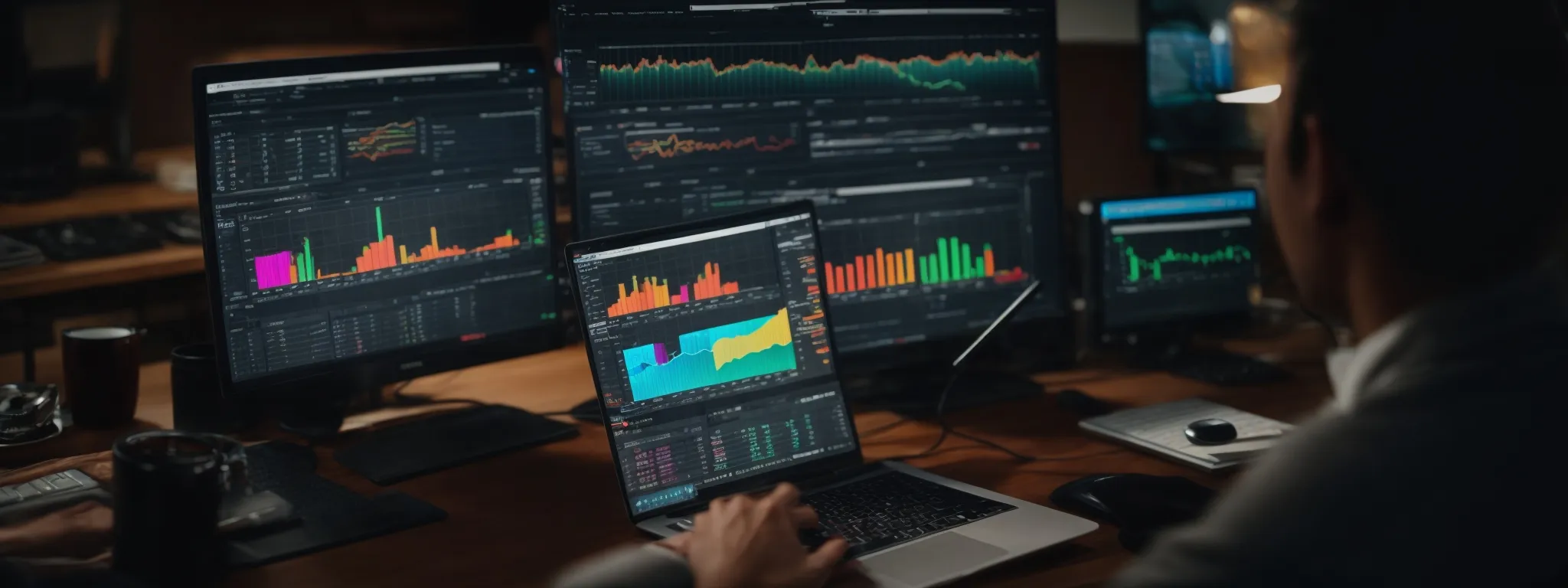 a person typing on a laptop with an array of vibrant graphs and charts displayed on the screen.
