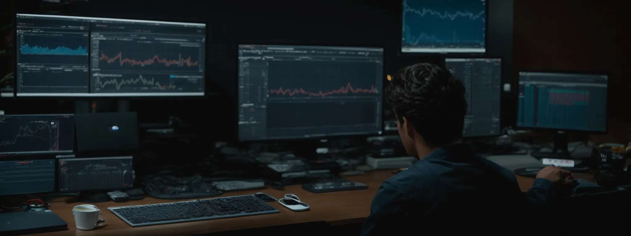 a person sitting in front of a computer with multiple open tabs showing analytics and seo graphs.