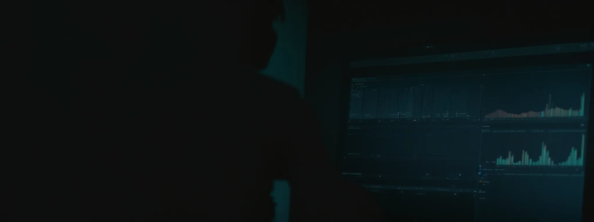 a person thoughtfully scrutinizing a graphic display of search terms and trend lines on a computer screen.