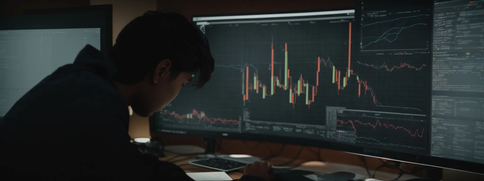 a person intently analyzing graphs and charts on a computer screen showcasing seo metrics and data.