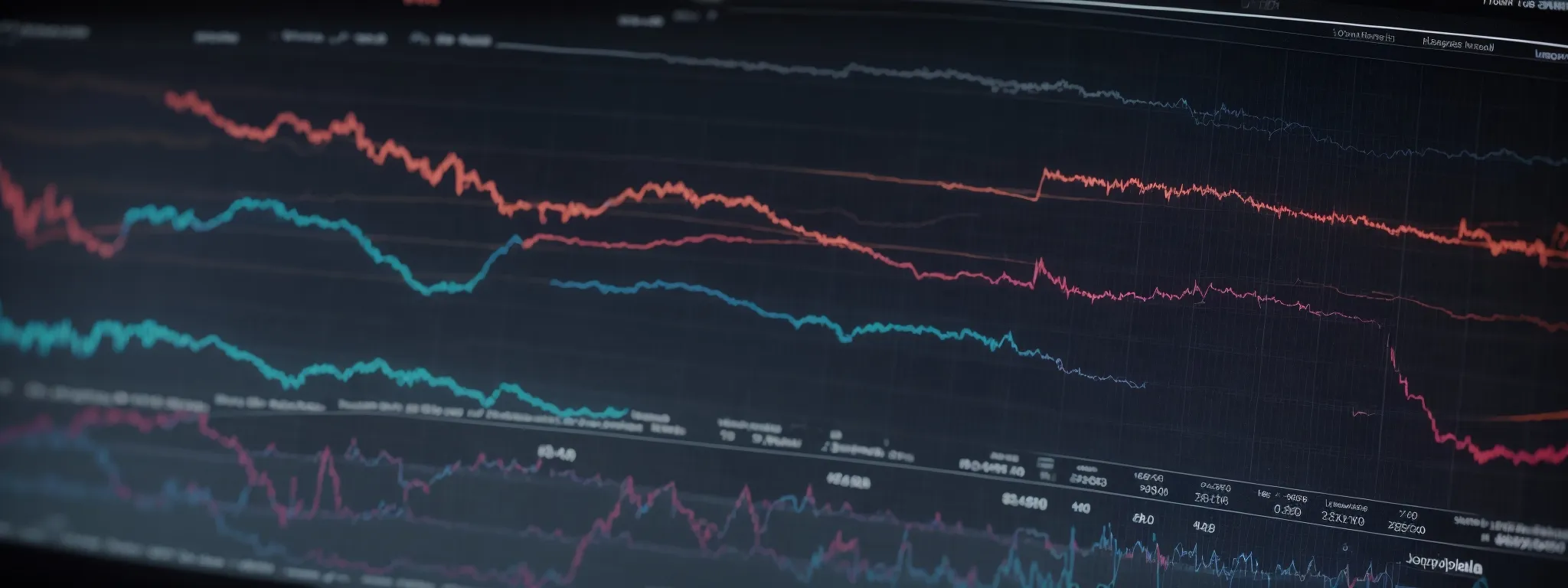 a computer screen displaying a colorful line graph chart representing seo keyword performance trends.