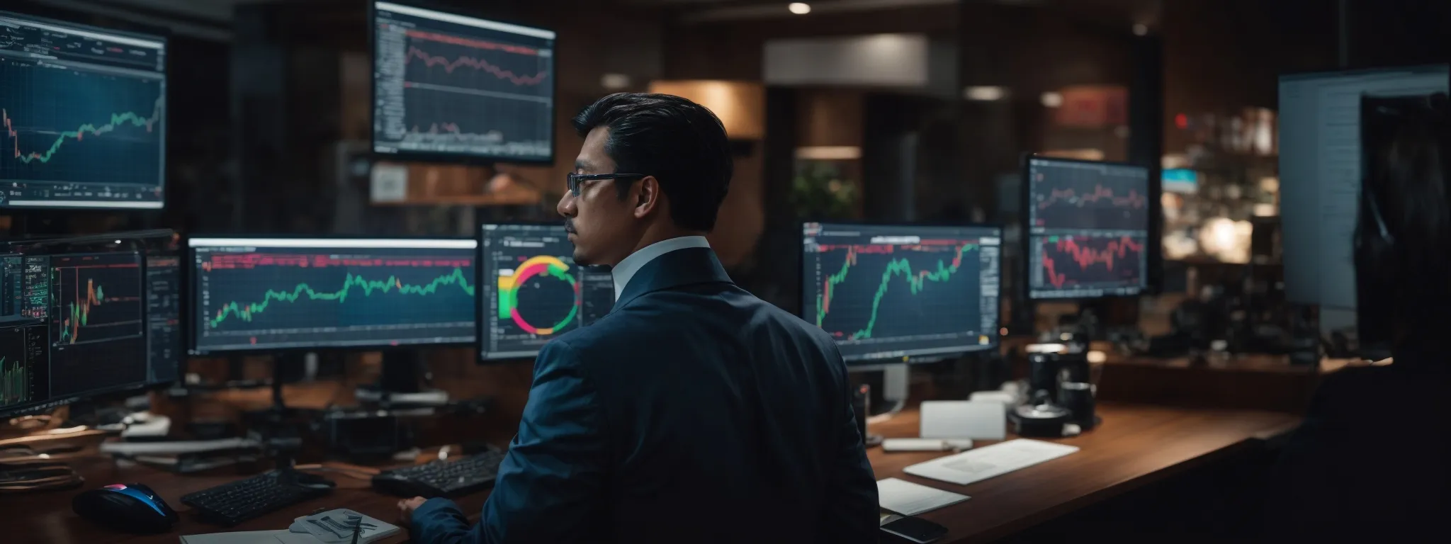 a focused merchant gazes intently at a computer screen displaying vibrant graphs and analytics charts, symbolizing a strategic search for popular items on an online marketplace.