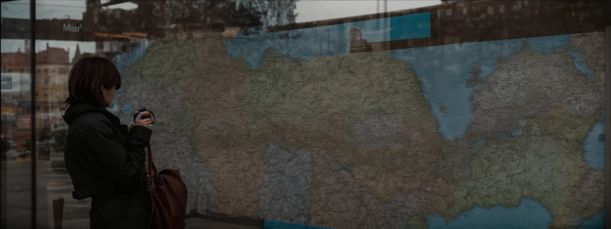 a person stands before a storefront, examining a map dotted with various local landmarks and businesses while holding a magnifying glass over a specific spot.
