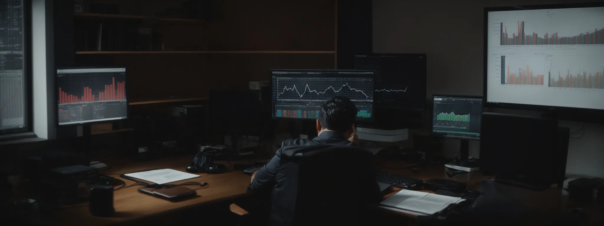 a person sitting at a desk with a computer displaying charts and graphs, reflecting seo analytics.