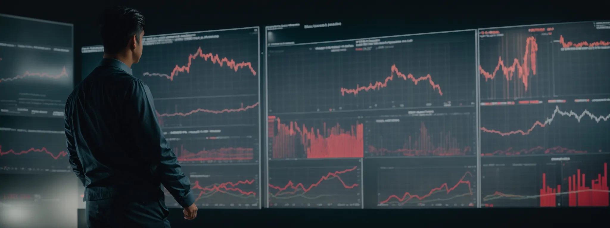 a marketer standing in front of a large display with graphs and data analytics, strategizing for a ppc campaign.
