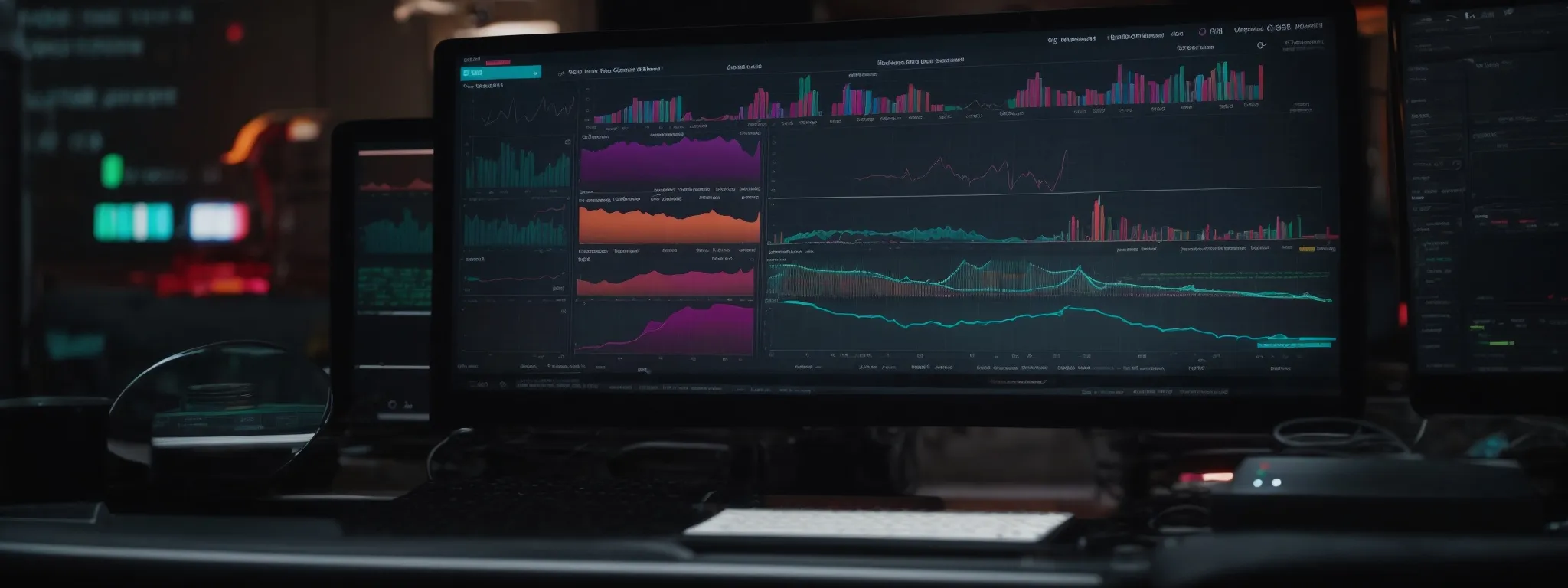 a computer screen displaying colorful analytics graphs and a dashboard suggesting seo performance for video content.