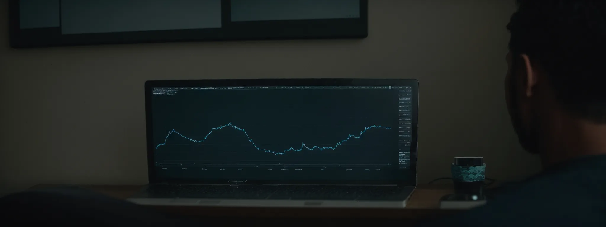 a person analyzing a graph on a computer screen showing the fluctuation of keyword rankings over several months.