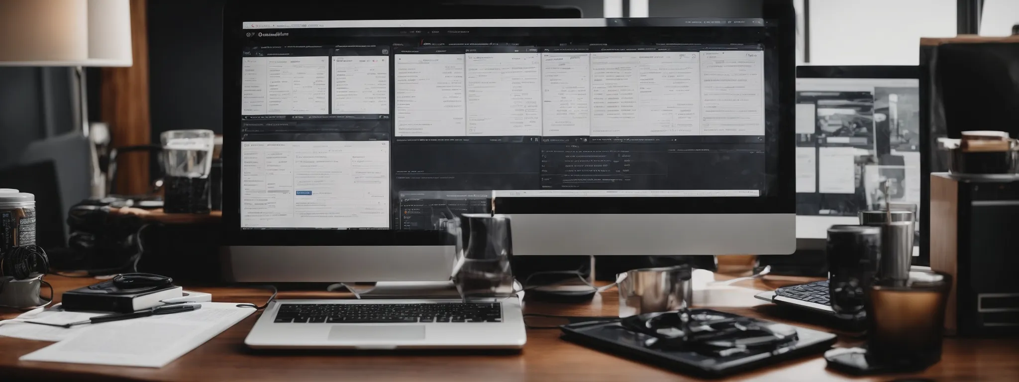 a neat workspace displaying open digital marketing tools on a computer screen with organized lists and graphs showing keyword performance.