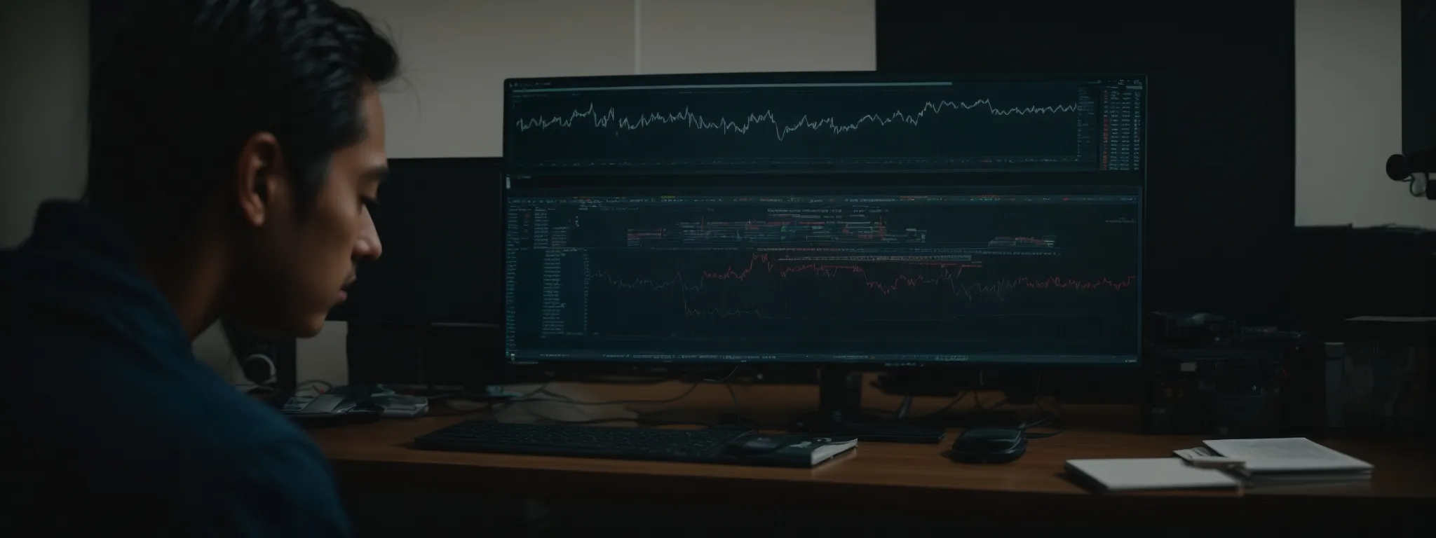 a person sitting at a computer analyzing complex data visualizations on seo performance.