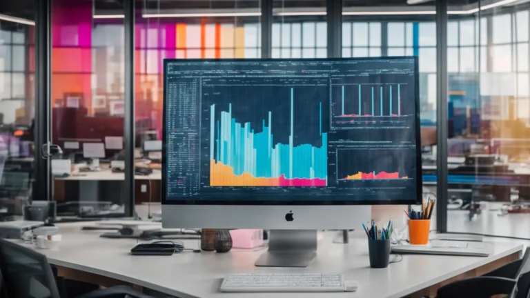 a whiteboard filled with colorful charts and graphs stands at the front of a modern, bright office space, surrounded by computer monitors displaying data analytics.