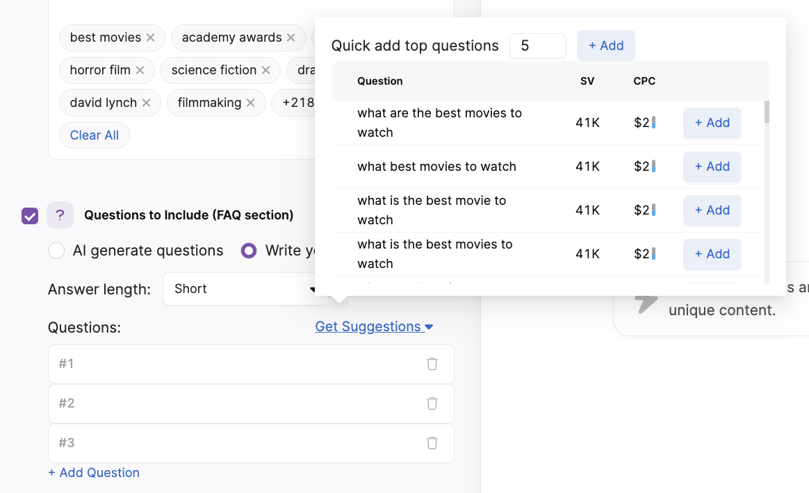 Quick add top questions