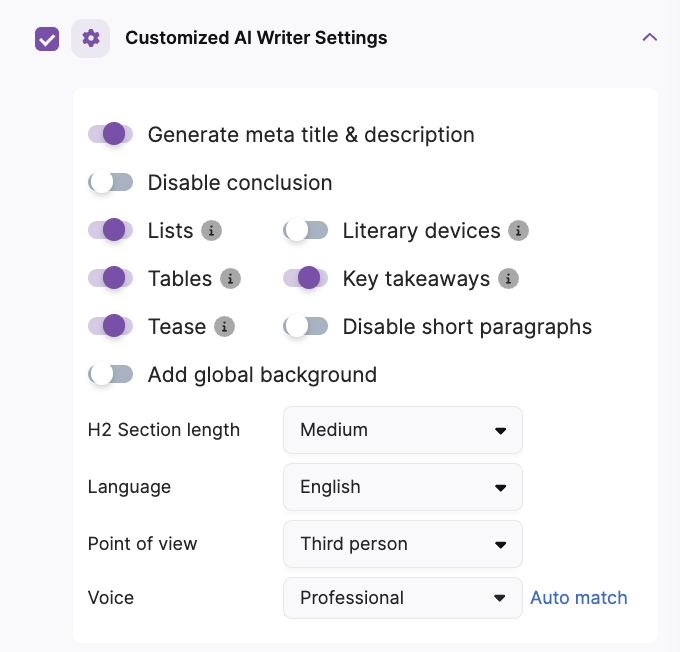 Customized Writer Settings