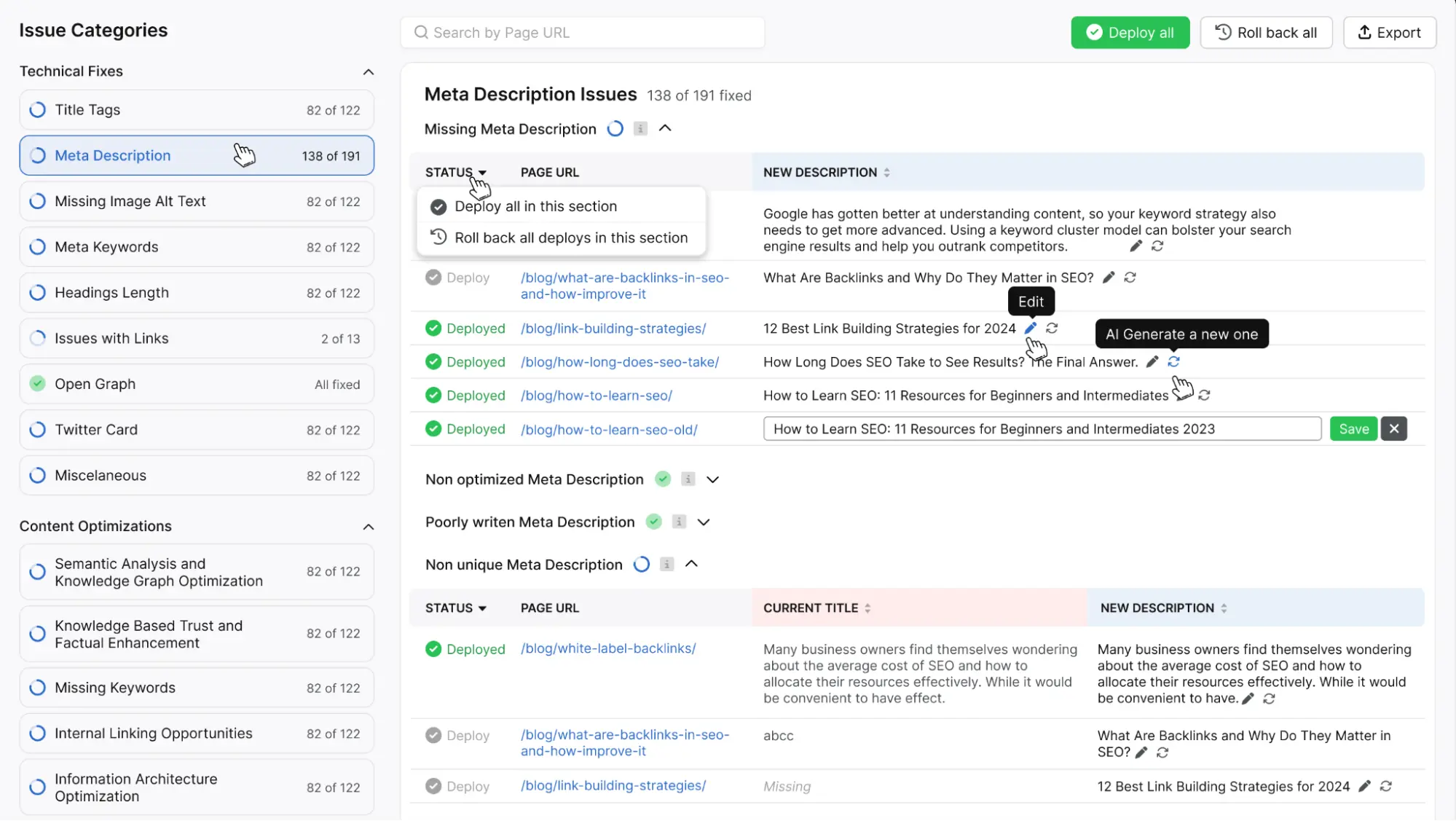 Dashboard displaying a list of meta description issues for various URLs, including statuses and new descriptions, with options for deploying changes to enhance site optimization.