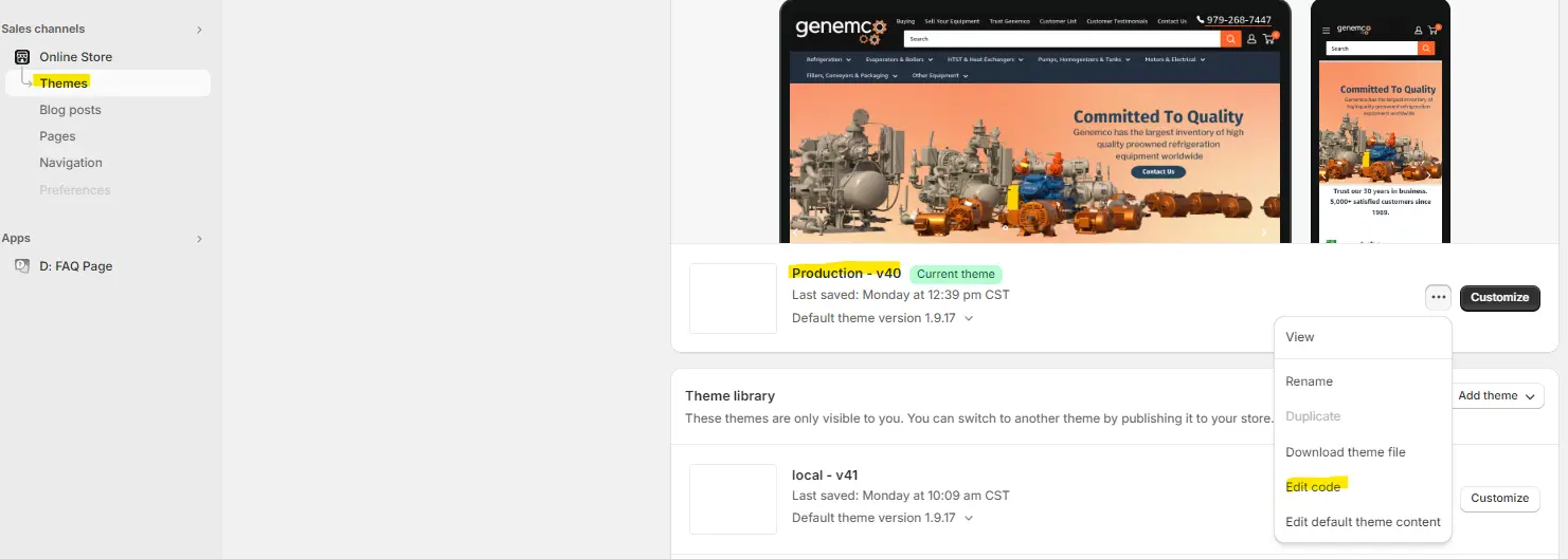 A webpage with the theme editor open displays the theme "Production - v01" and options to view, rename, duplicate, download, or edit code. Below in the theme library is another theme, "local - v11." Easily add SEO Pixel to enhance your site’s visibility and integrate OTTO SEO Pixel for better performance.