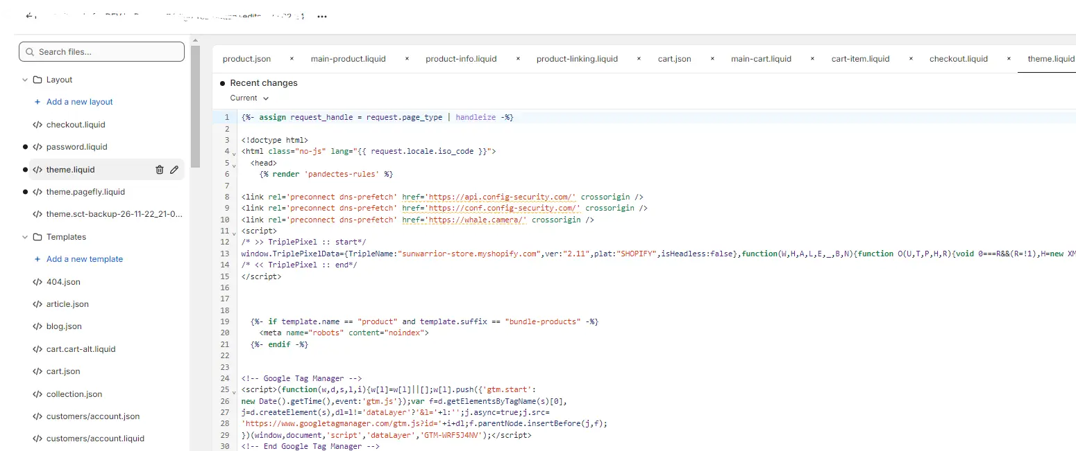 Screenshot of a code editor displaying a Shopify Liquid template file with HTML, Liquid, and JavaScript code, showing various scripts, template inclusions for an e-commerce site, and the addition of the OTTO SEO Pixel.