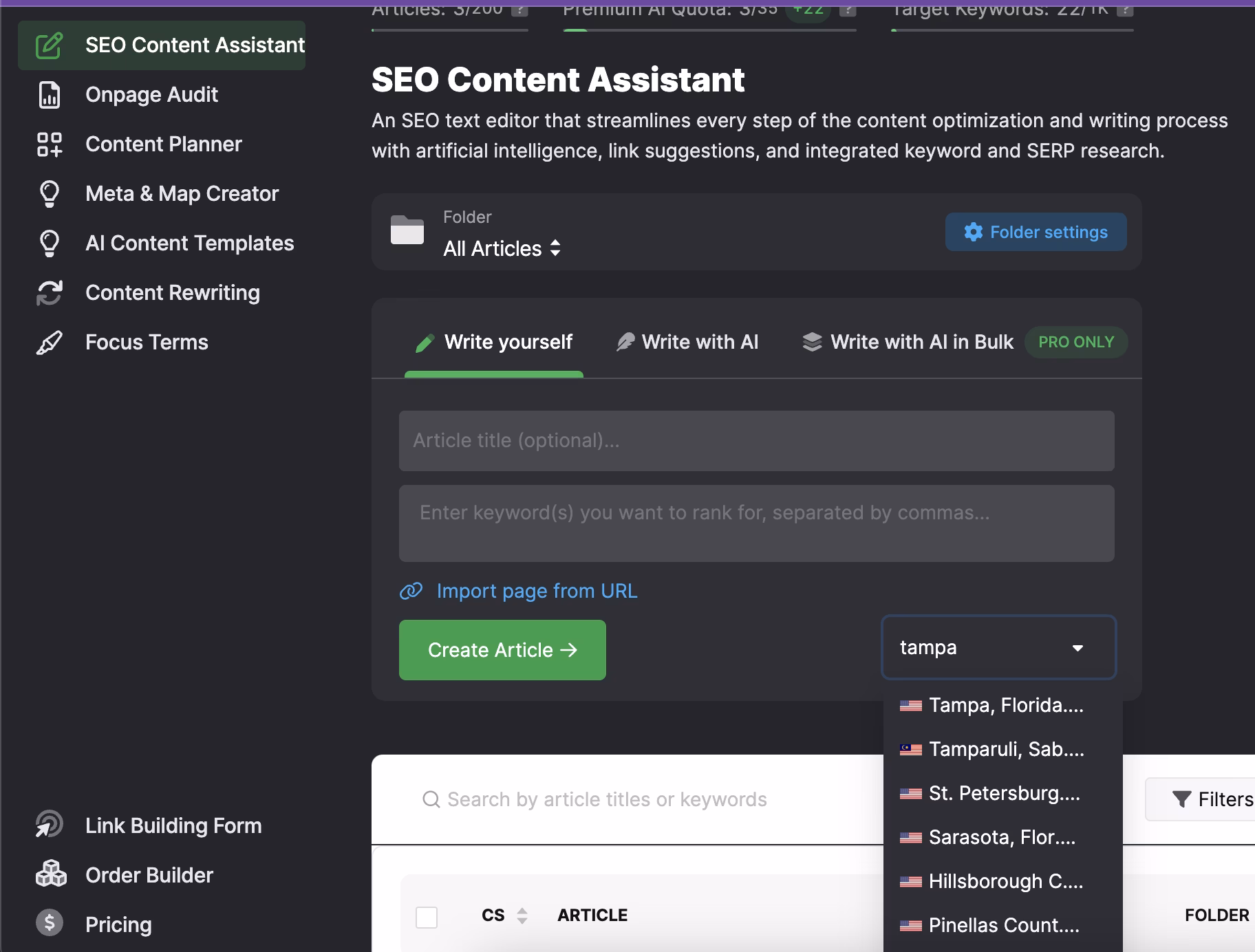Screenshot of the Scalenut SEO Content Assistant tool interface. A dropdown menu with city options, including "Tampa, Florida," is visible along with controls for creating a new article and conducting an onpage audit.