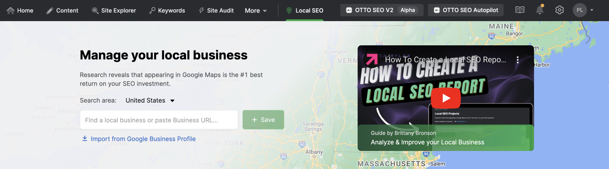 A screenshot of the Local SEO section on a website. The page displays a search bar to find a local business, a "Save" button, an onpage audit prompt to import from Google Business Profile, and a video tutorial.