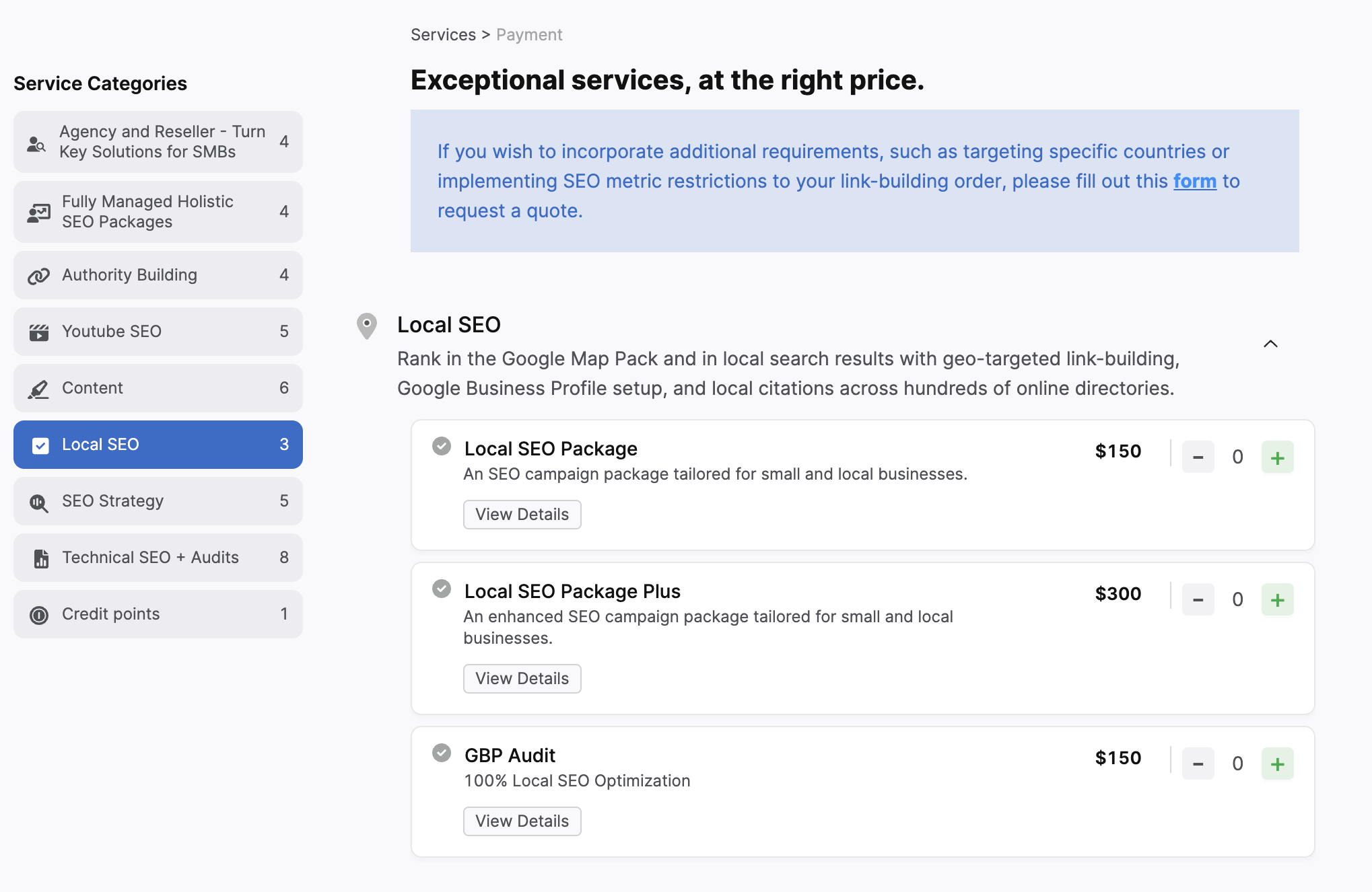 Screenshot of an SEO services page showcasing various packages: Local SEO Package for $150, Local SEO Package Plus for $300, and GBP Audit & Onpage Audit for $150. Each service includes options to view details and add to cart.