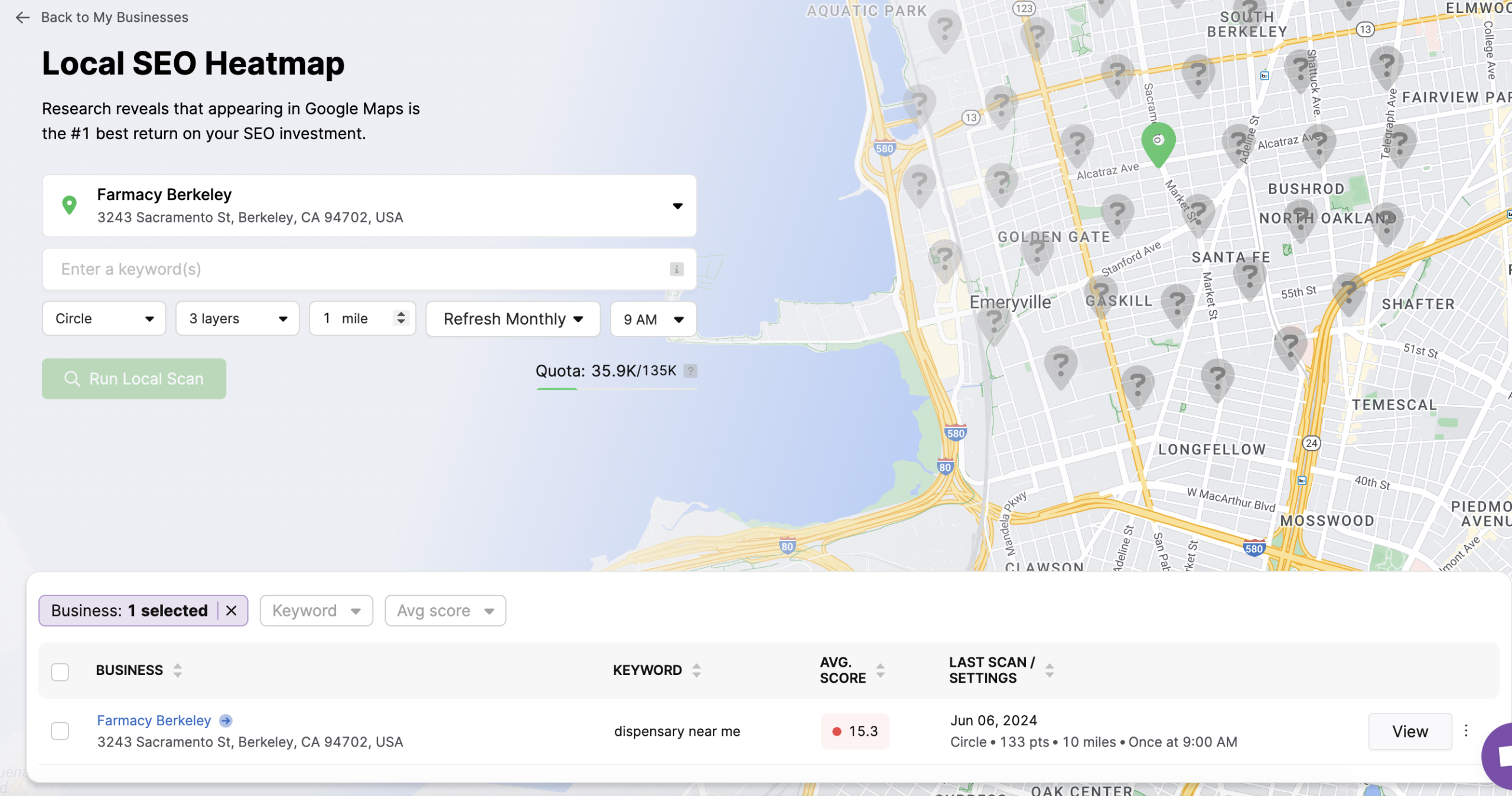 Screenshot of a local SEO heatmap for a business named Farmacy Berkeley, located at 3243 Sacramento St, Berkeley. The map features multiple grey and green location pins indicating SEO performance. An onpage audit could further enhance these results.