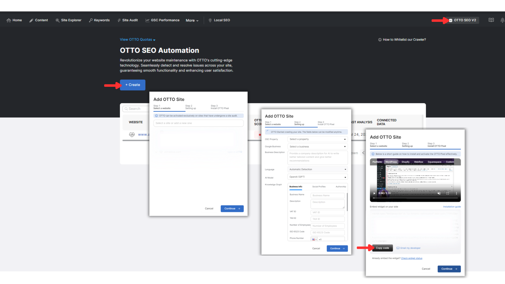Screenshot of OTTO SEO Automation platform, showcasing steps to add a new OTTO Site. Three pop-up windows, resembling Pixel's sleek interface, show the process: site information, site settings, and site verification.