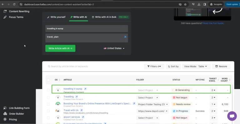 Screenshot of a content management system interface displaying multiple articles in various statuses like "Not begun" and "AI Generating," with features to filter, sort, and target keywords using the integrated SEO Content Assistant.