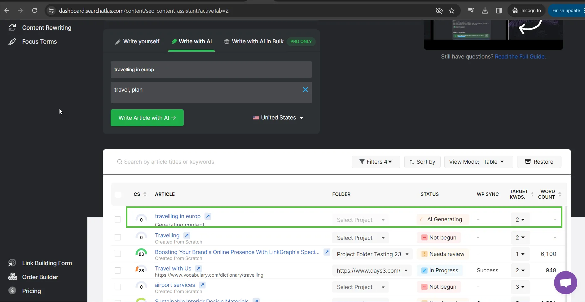Screenshot of a content management system interface displaying multiple articles in various statuses like "Not begun" and "AI Generating," with features to filter, sort, and target keywords using the integrated SEO Content Assistant.