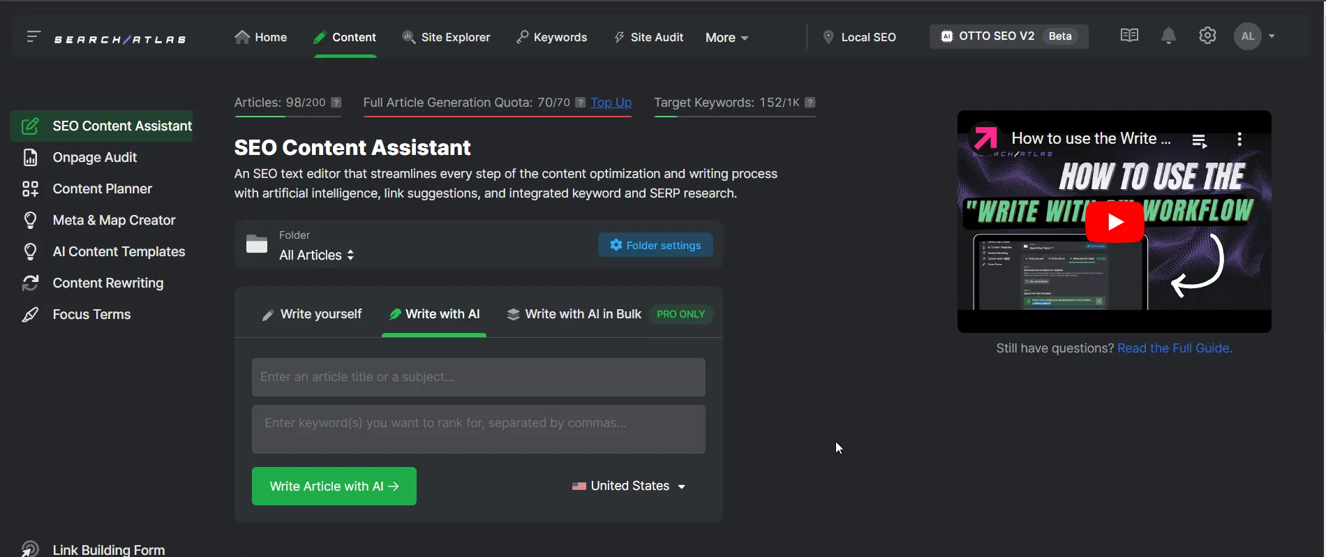 Screenshot of Search Atlas's SEO Content Assistant tool showing options to write an article, use AI for assistance, or bulk write, along with a keyword list and content settings panel.