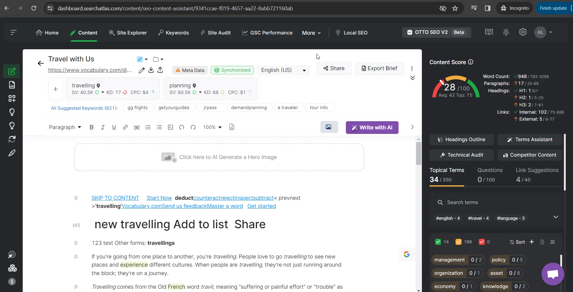 A computer screen displaying a content editor with various text and icons, including search results, keywords, a score tracker, and a word count. The SEO Content Assistant provides an easy way to optimize your writing effectively.