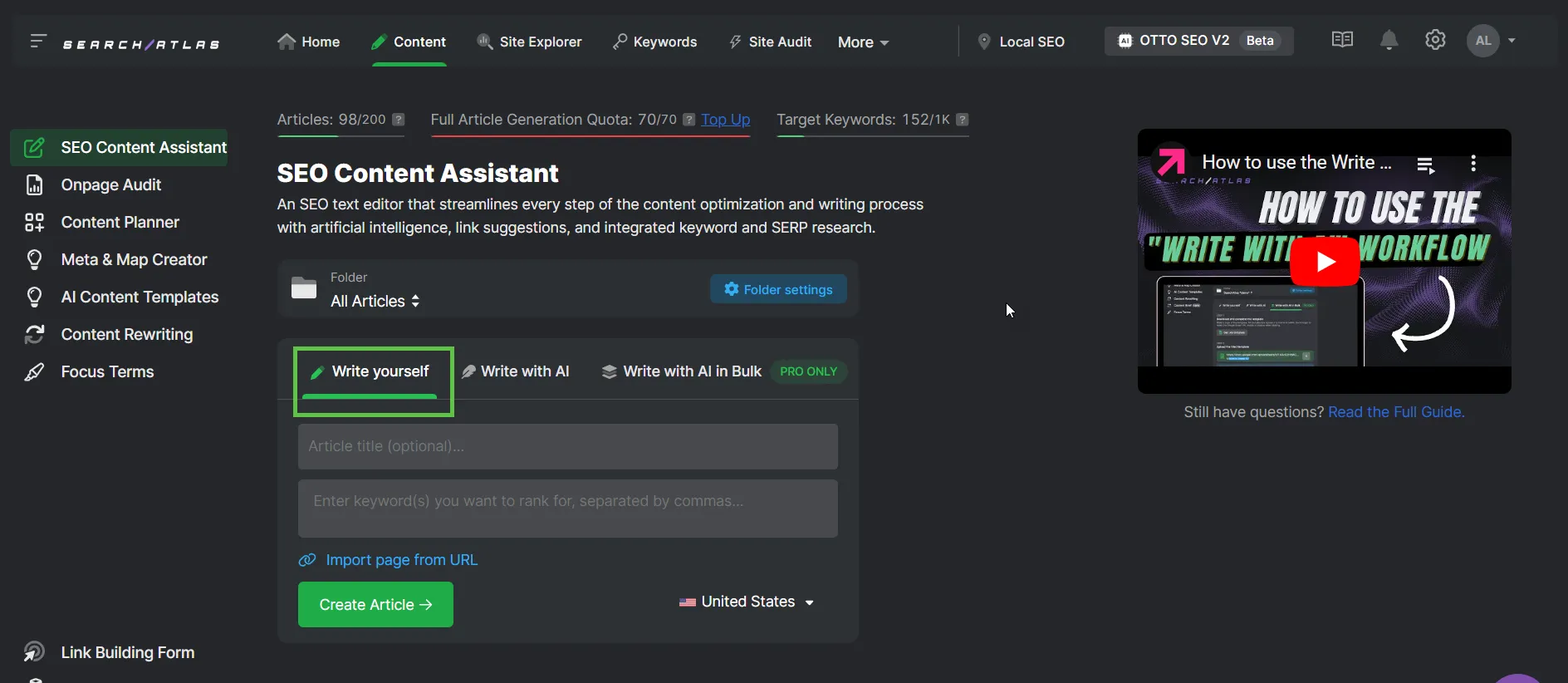 Screenshot of the Content Assistant page on the Scalenut platform, featuring the SEO Content Assistant for creating articles, writing with AI, and importing from URL. Menu tabs are on the left, while a Step by Step Guide pop-up tutorial is on the right.