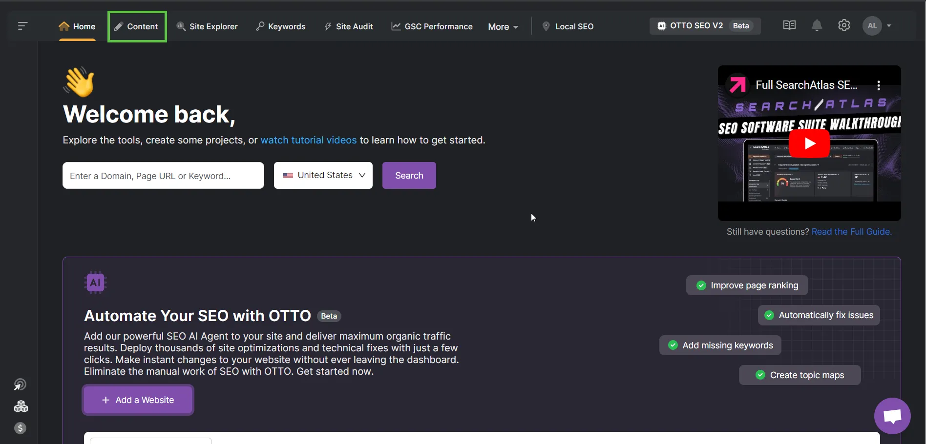 Screenshot of a website with sections for adding a domain, selecting a region, and searching. The interface includes options for automating SEO with OTTO and features like SEO Content Assistant to optimize your content seamlessly.