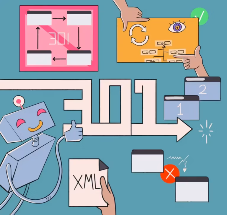 A whimsical illustration of a robot participating in a process flow that includes puzzle assembly, decision-making, and data handling.