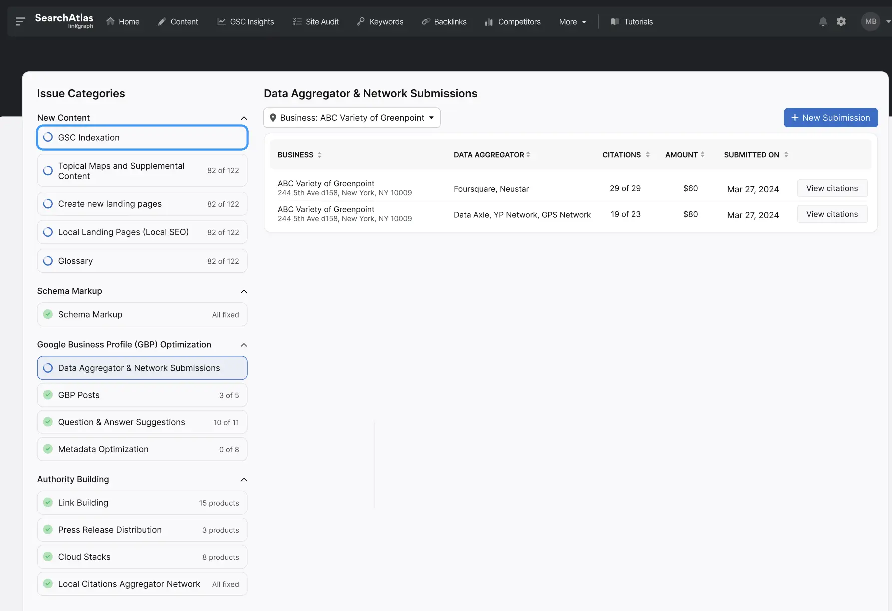 Screenshot of a Local Citation Builder and network submissions dashboard, showing business details and submission status. Categories listed on the left, with the main panel displaying business and submission data.