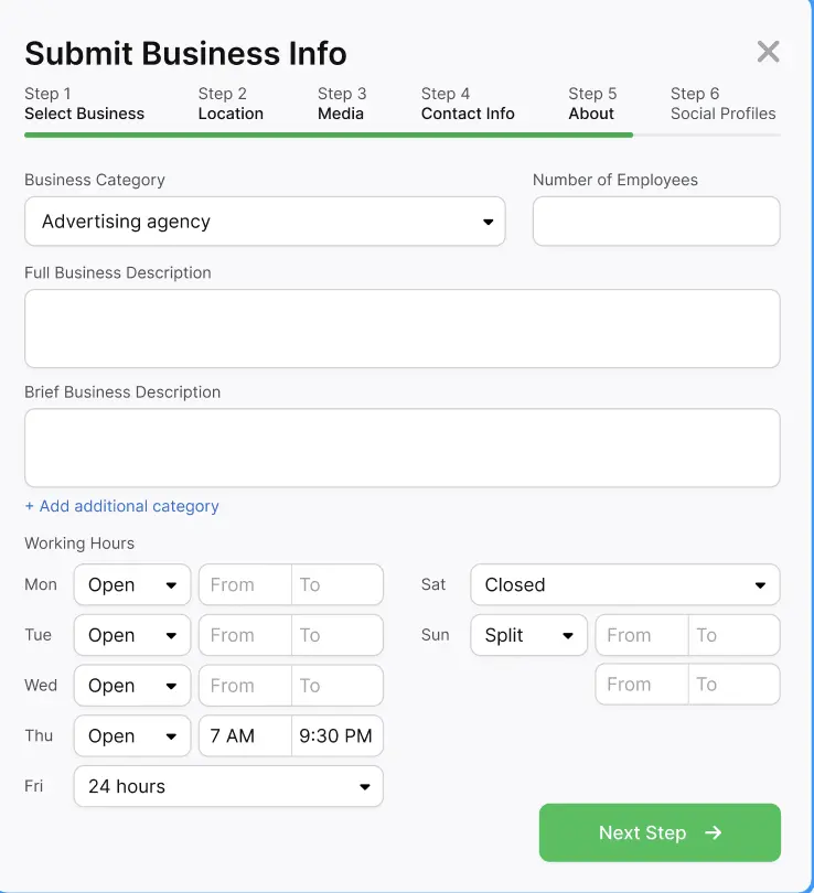 Form titled "Submit Business Info" to help streamline your Local Citation Builder, with sections for business category, number of employees, full and brief business descriptions, and working hours for each day of the week. "Next Step" button at the bottom.